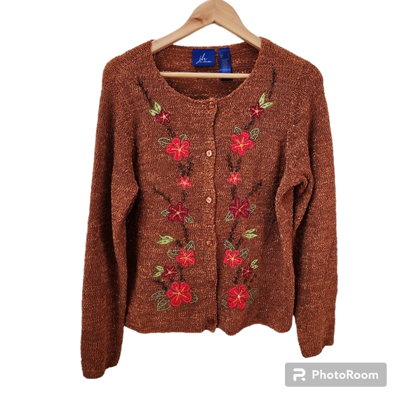 JH Collectibles Sweaters - Vintage J.H. Collectibles Brown Burnt Orange Floral Cardigan Women's Large